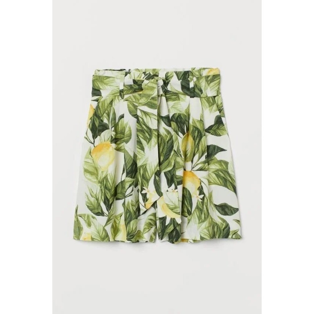 H&M Lemon Leaf Print Paperbag Waist Shorts Womens Size 4 White Green Yellow